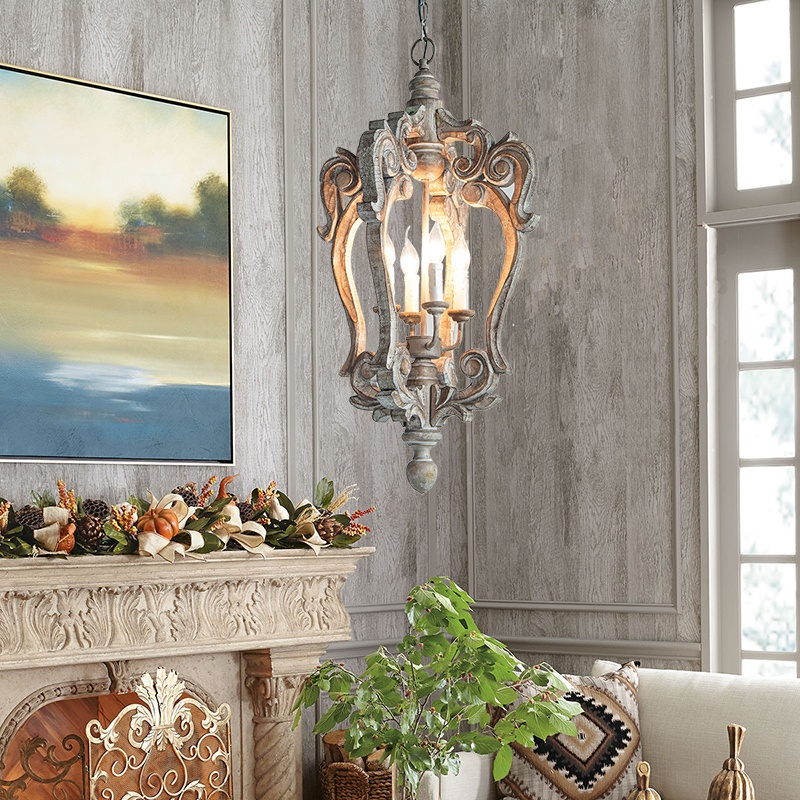 Vintage Chandelier Wood French Retro Kitchen Pendant Light