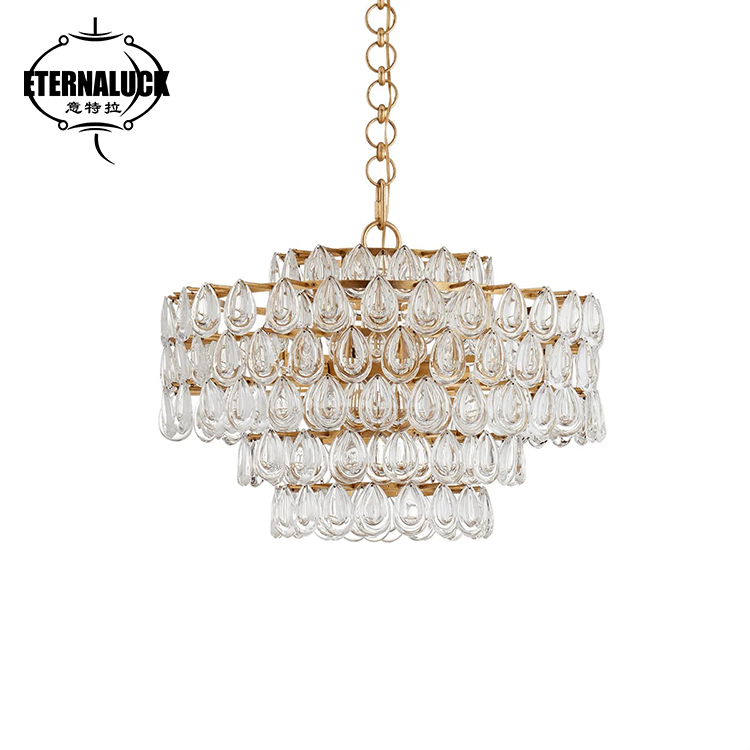 Luxury Tiered Teardrop Crystal Chandelier Brass Frame LED Pendant Light For Living Room Dining Room