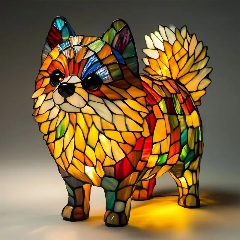 Handcrafted Stained Glass Dog Resin Table Lighting for Decorative Home Accent