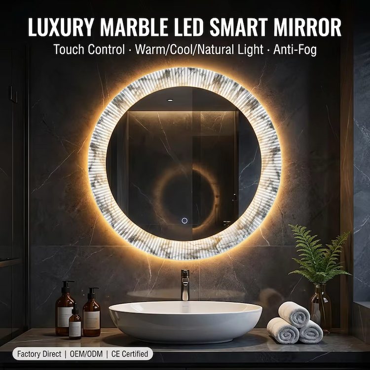 Kidoir Customized Modern Circle Shape Touch Switch Frontally Illuminated Smart Led Mirror With Crystal For Bathroom Hotel