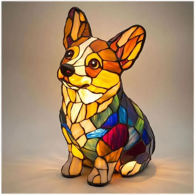 Handcrafted Stained Glass Dog Resin Table Lighting for Decorative Home Accent