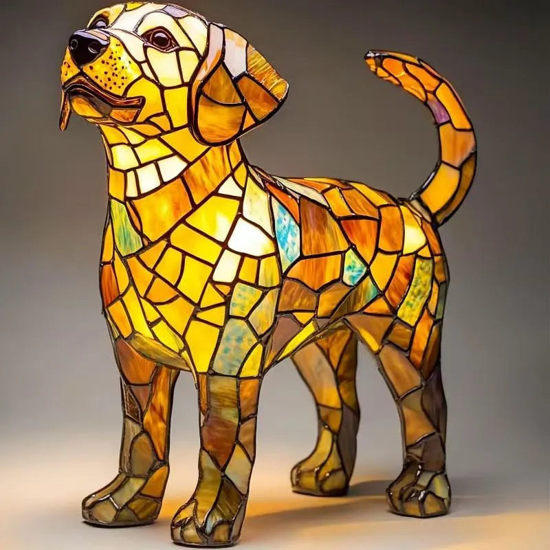 Handcrafted Stained Glass Dog Resin Table Lighting for Decorative Home Accent