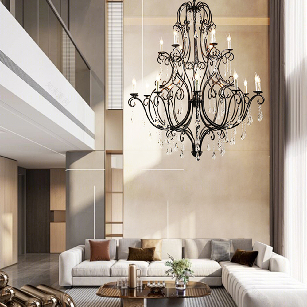 Customized Vintage Home Decor Pendant Light Large Retro Brass Black Metal Crystal Chandelier