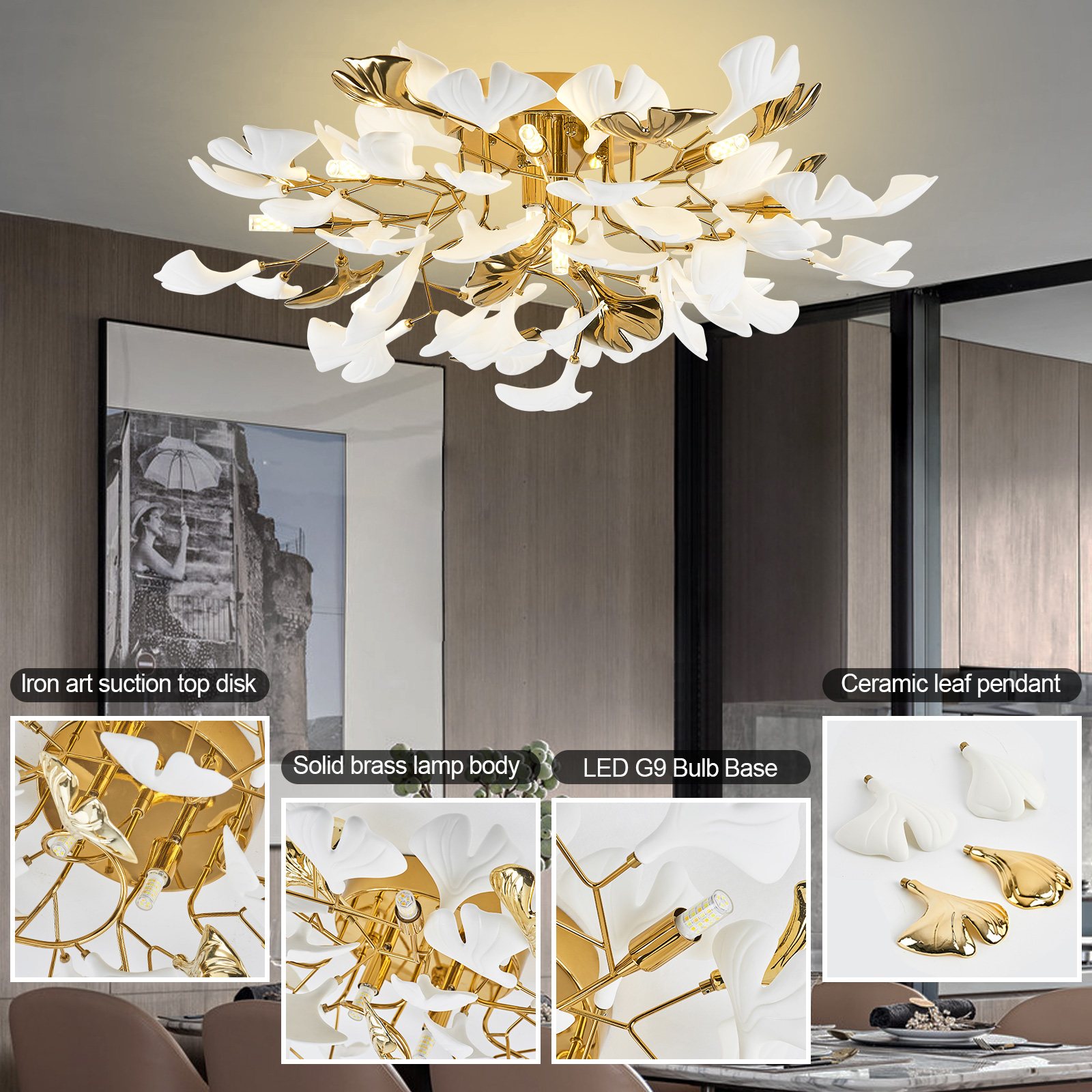 Modern Ceramic Ginkgo Leaf Chandeliers Gold Chandelier Brass Ceiling Light Fixture For Kitchen Living Room Dining Room Foyer
