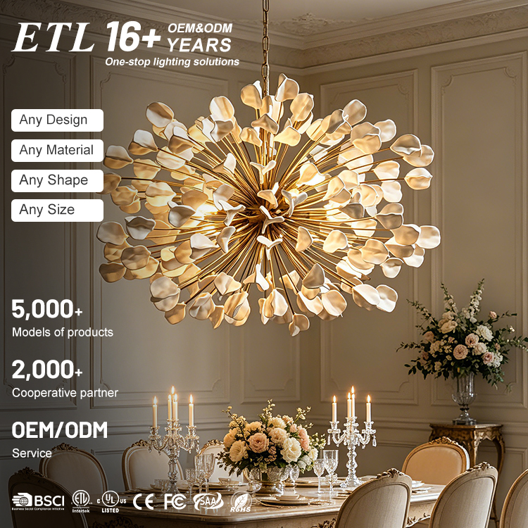 Modern Dandelion Ceramic Chandelier Gold Frame Sputnik LED Pendant Light For Living Room