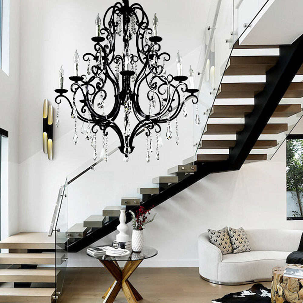 Customized Vintage Home Decor Pendant Light Large Retro Brass Black Metal Crystal Chandelier