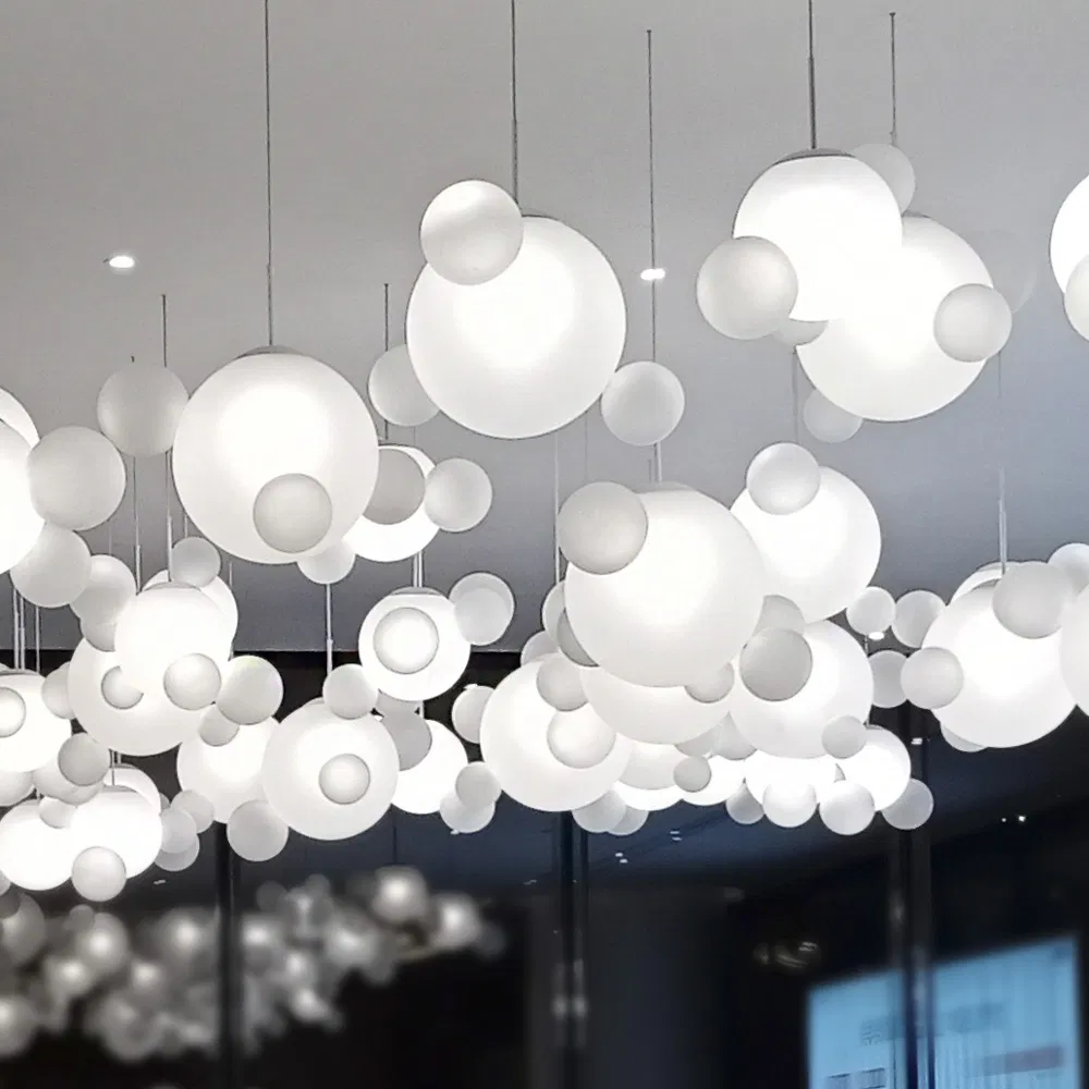 White Glass Spherical Pendant Light Hotel Lobby Decorative Lighting Fixture