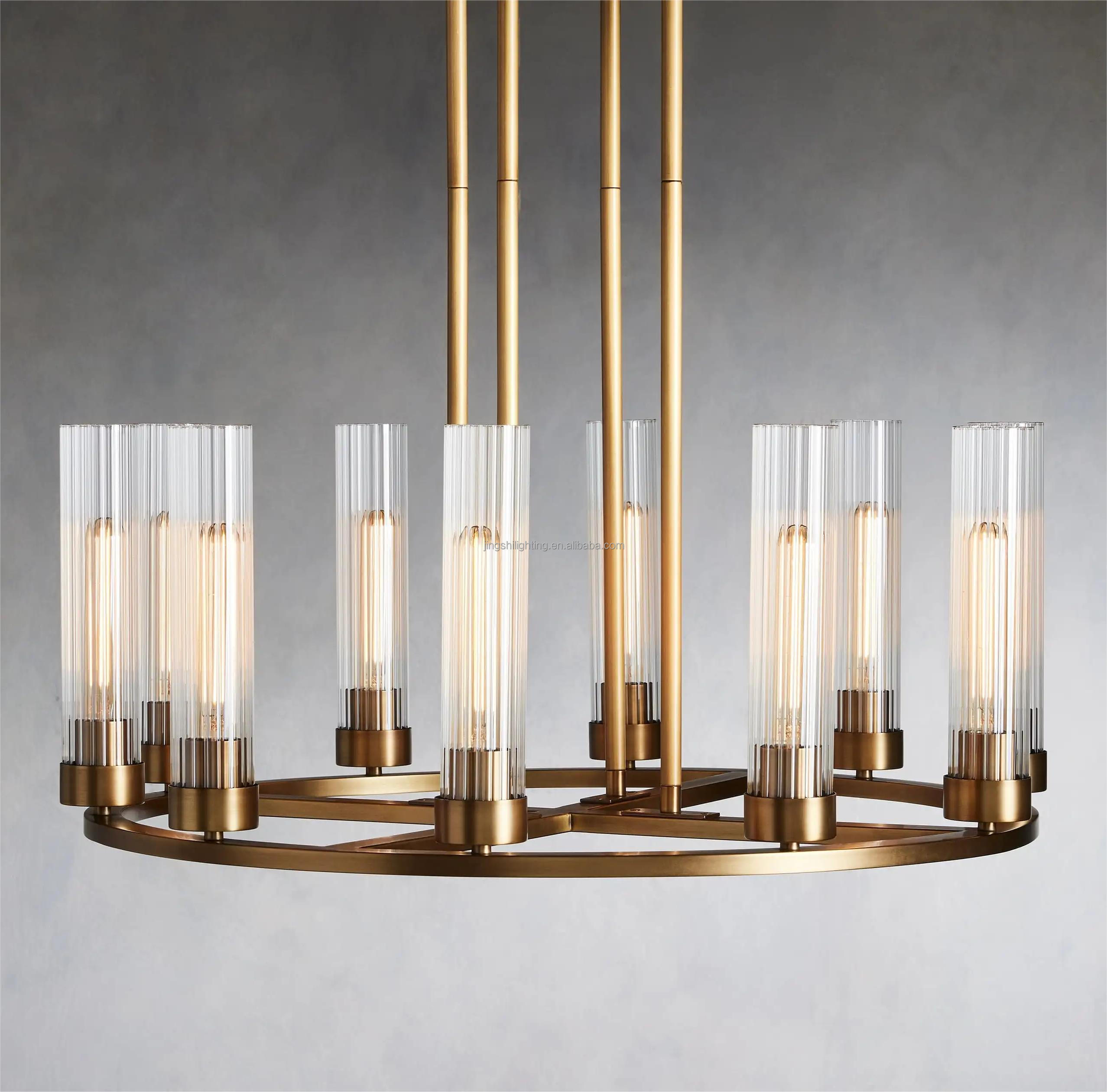 Farmhouse Glass Tube Gold 10 Lights Wagon Wheel Chandeliers Round Luxury Fixture Ceiling Pendant Lighting For Dining Living Room