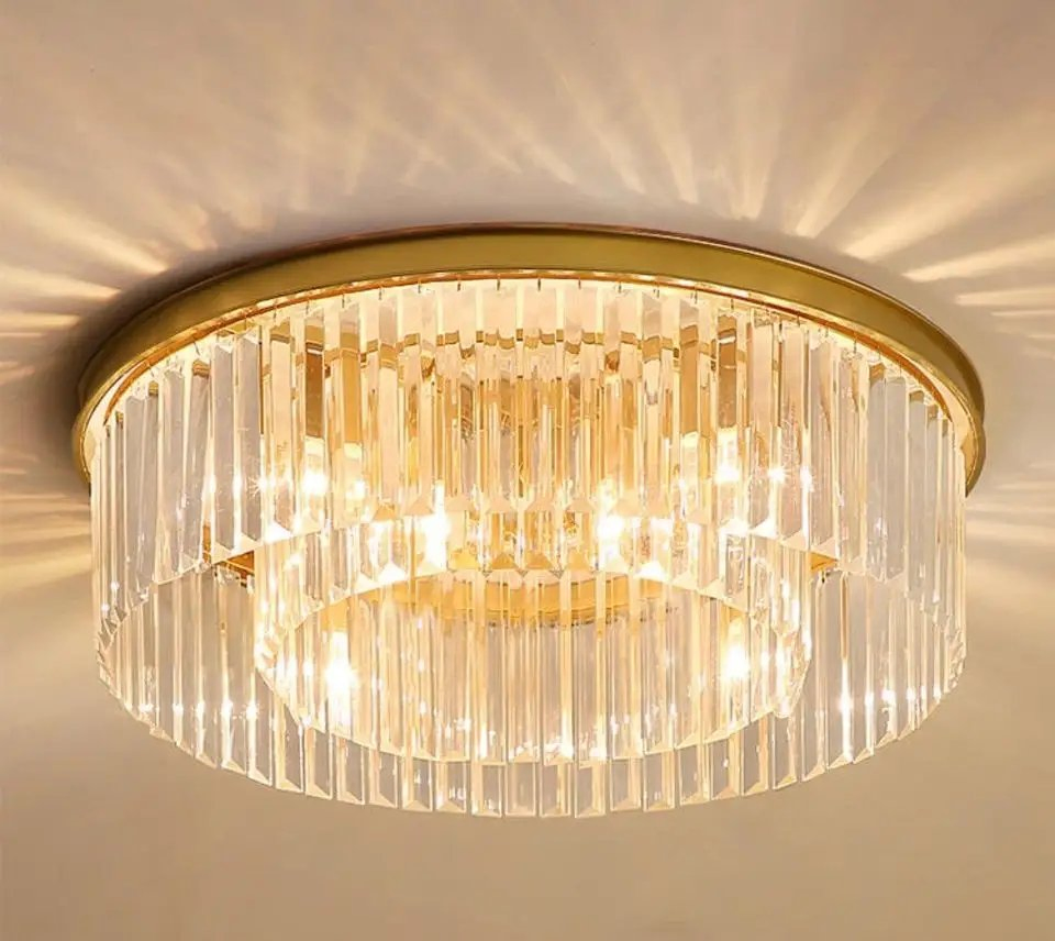 Contemporary Round Design Clear Crystal Ceiling Lamp Iron Cover Lighting for Sitting Room Home Restaurant Indoor Decorative Lighting