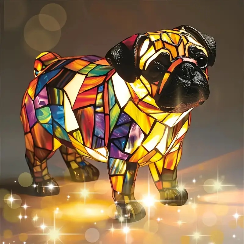 Handcrafted Stained Glass Dog Resin Table Lighting for Decorative Home Accent