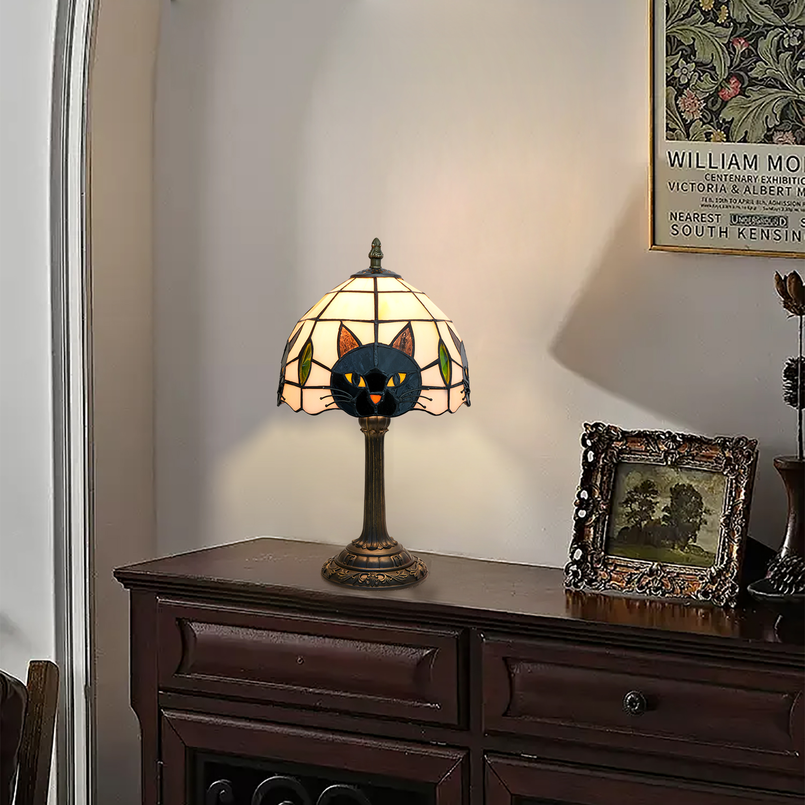 Tiffany Style Cute Black cat Desk Lamp Vintage Stained Glass Animal Base Table Lamp for Girl Room Bedroom Nightstand Decor