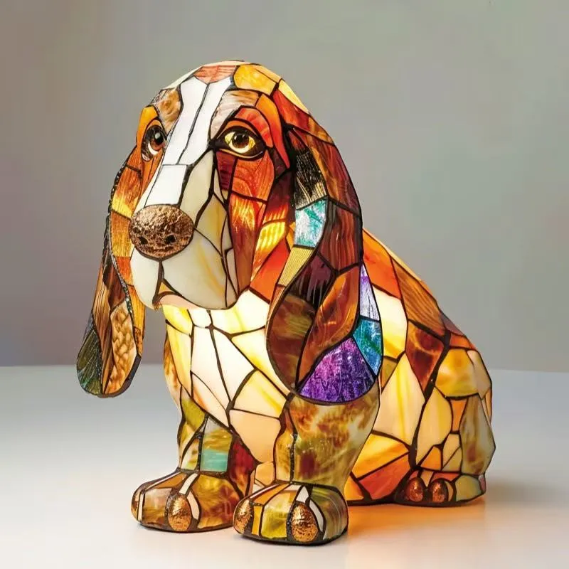 Handcrafted Stained Glass Dog Resin Table Lighting for Decorative Home Accent