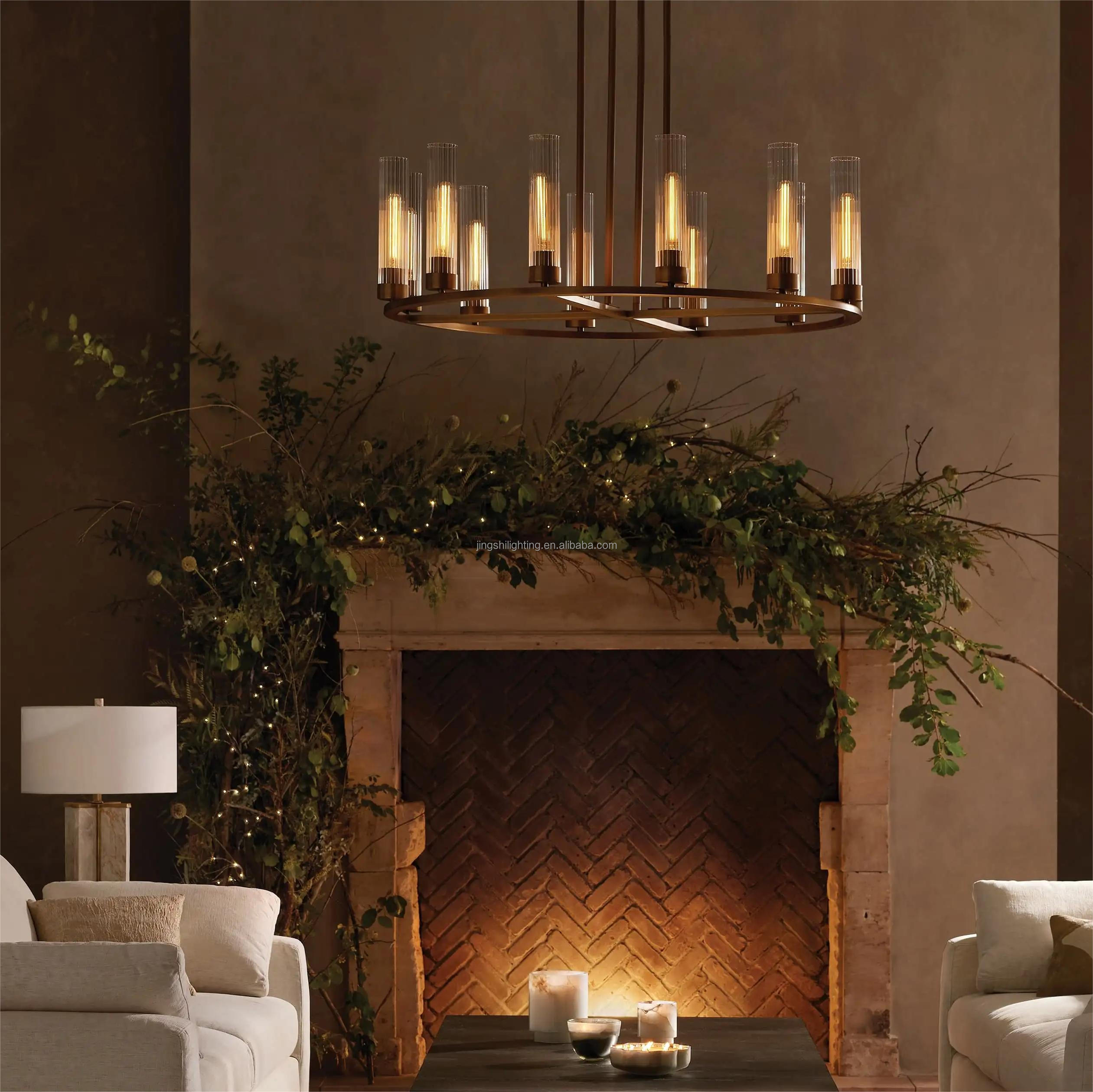 Farmhouse Glass Tube Gold 10 Lights Wagon Wheel Chandeliers Round Luxury Fixture Ceiling Pendant Lighting For Dining Living Room