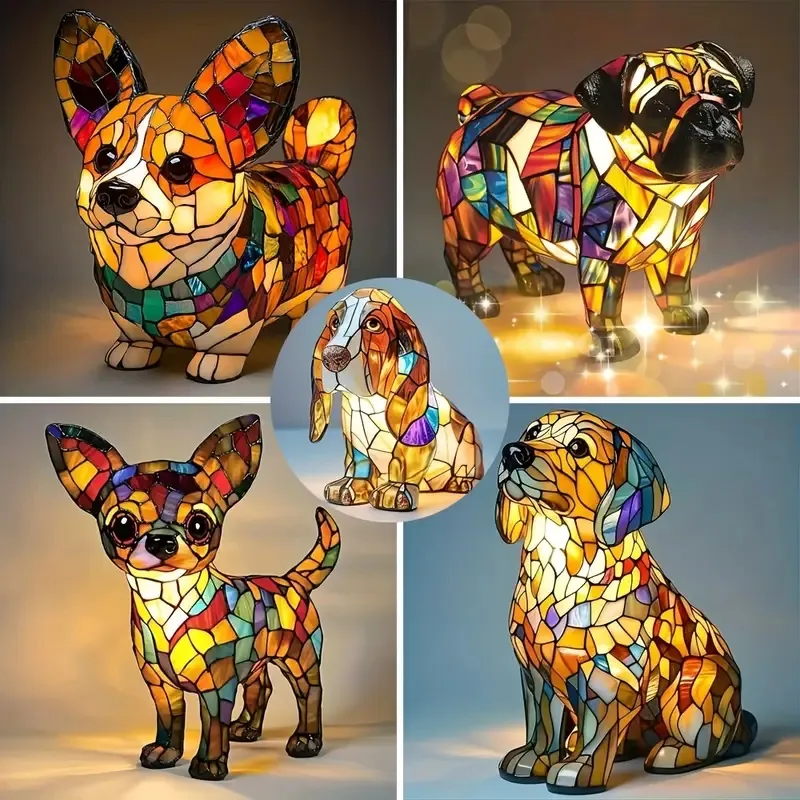 Handcrafted Stained Glass Dog Resin Table Lighting for Decorative Home Accent