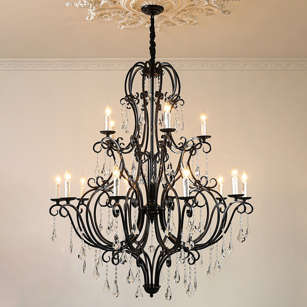 Customized Vintage Home Decor Pendant Light Large Retro Brass Black Metal Crystal Chandelier