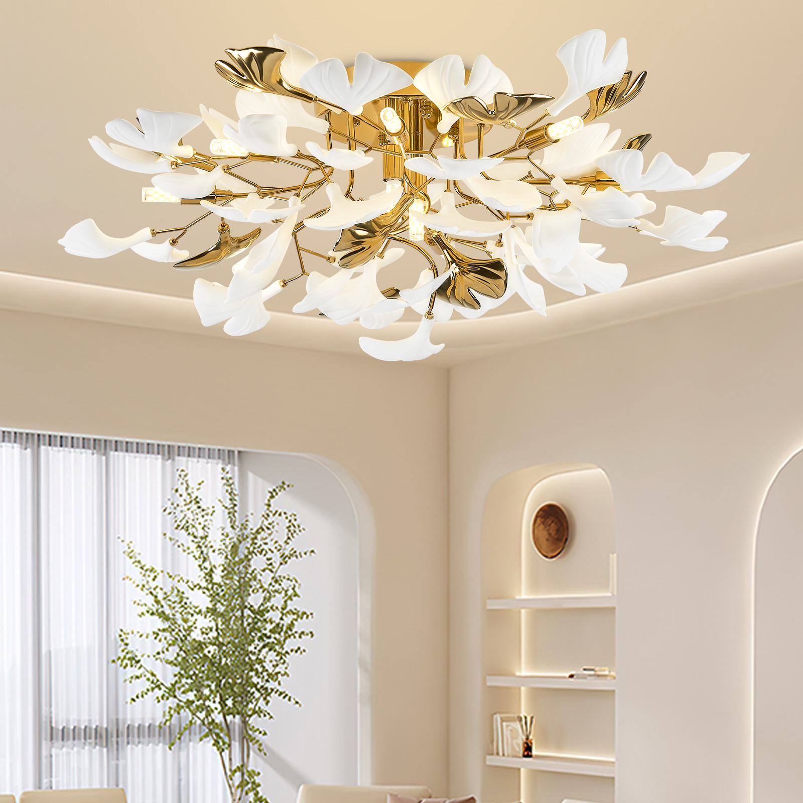 Modern Ceramic Ginkgo Leaf Chandeliers Gold Chandelier Brass Ceiling Light Fixture For Kitchen Living Room Dining Room Foyer