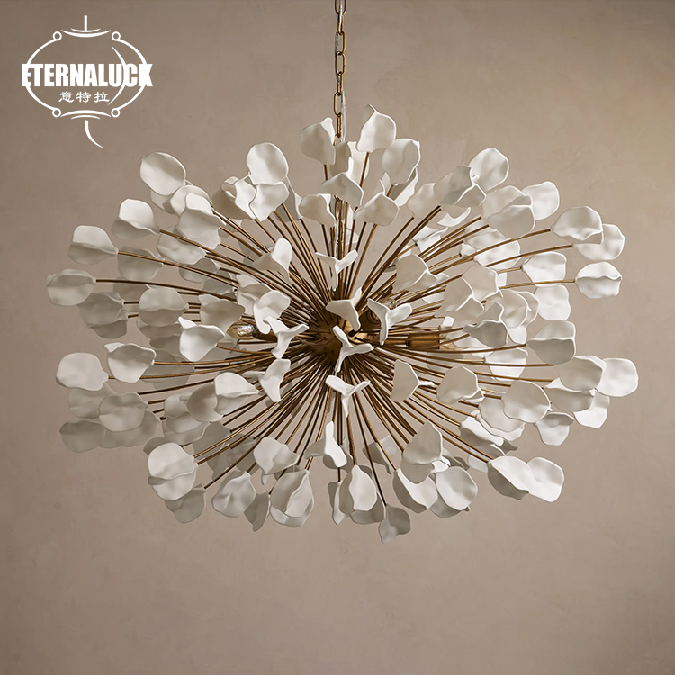Modern Dandelion Ceramic Chandelier Gold Frame Sputnik LED Pendant Light For Living Room