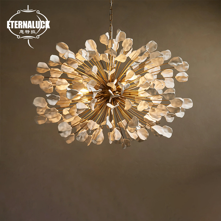 Modern Dandelion Ceramic Chandelier Gold Frame Sputnik LED Pendant Light For Living Room