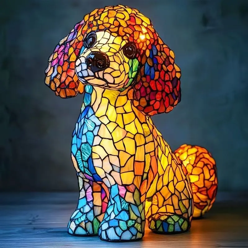 Handcrafted Stained Glass Dog Resin Table Lighting for Decorative Home Accent
