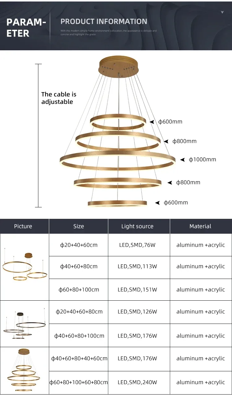 Modern Decorative Customized Hotel Restaurant Indoor Circle Rings LED Pendant Lighting