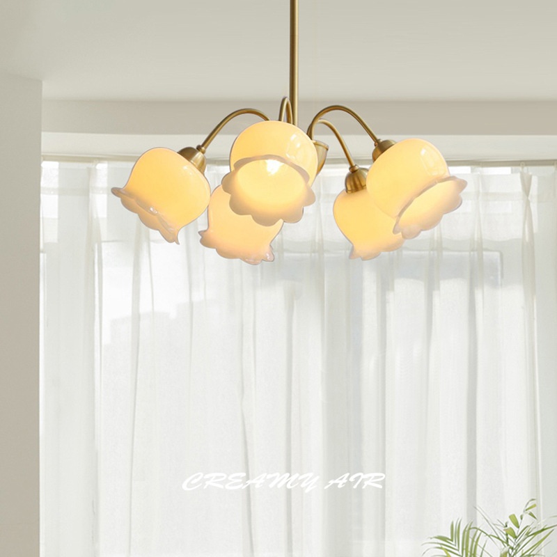Shelony Cream French Lily Valley Flower Chandelier Gold All-Copper Resin Shade LED Vintage Luxury Living Room Dining Room