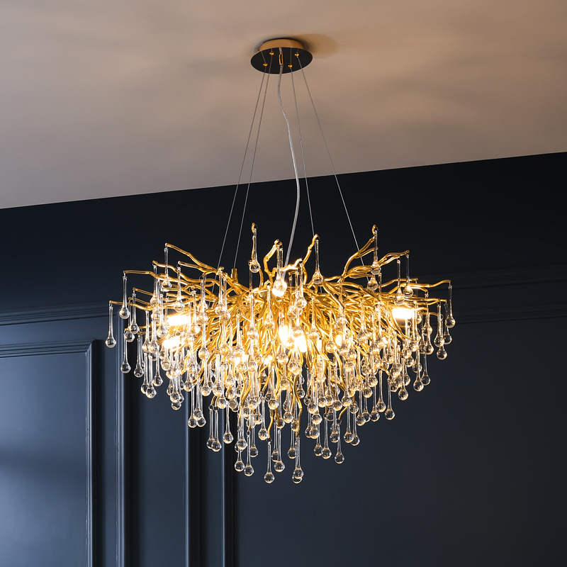 Luxury Decorative Glass Indoor Lighting Gold Water Drop Crystal Creative Chandelier