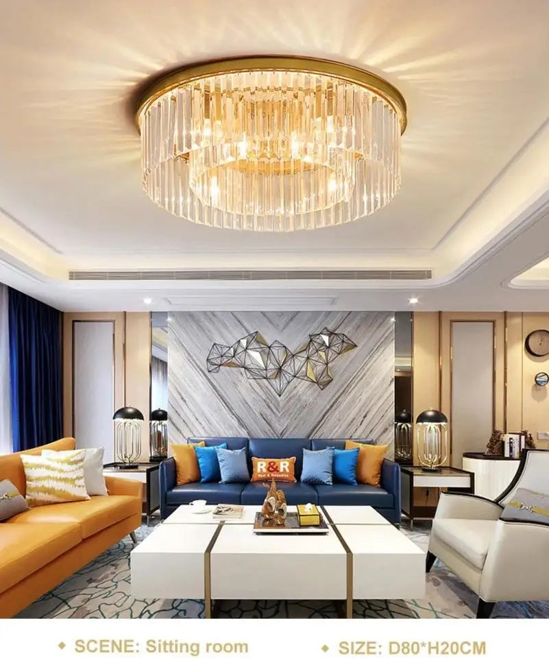 Contemporary Round Design Clear Crystal Ceiling Lamp Iron Cover Lighting for Sitting Room Home Restaurant Indoor Decorative Lighting