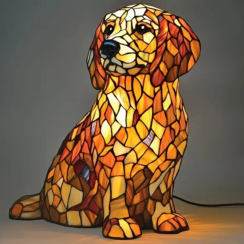 Handcrafted Stained Glass Dog Resin Table Lighting for Decorative Home Accent