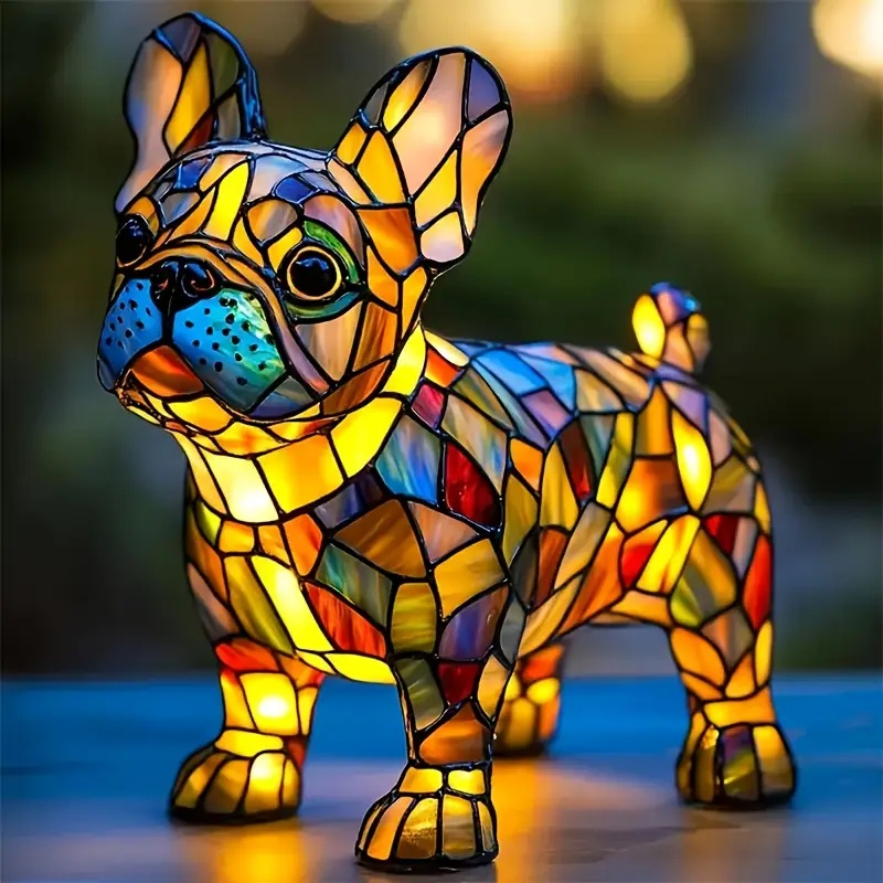 Handcrafted Stained Glass Dog Resin Table Lighting for Decorative Home Accent