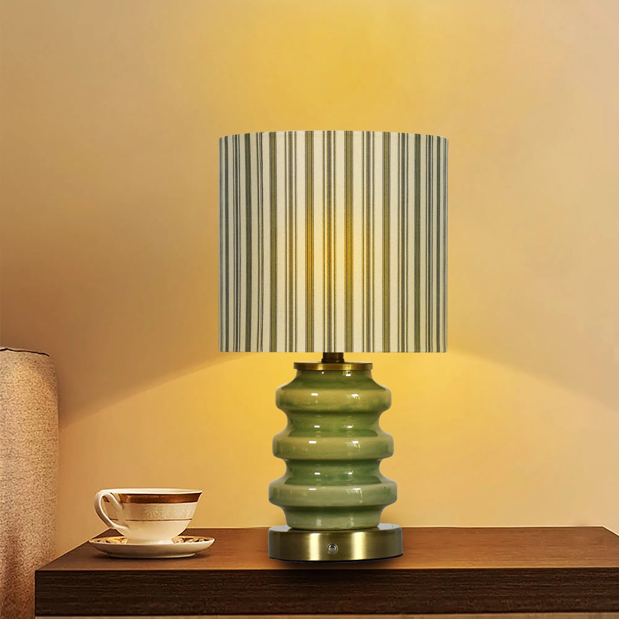 USB-Rechargeable Touch-Control 3-Color Dimmable Table Lamp, Green Ceramic Decorative Ambient Light, Fabric Night Light for Bedroom Bedside