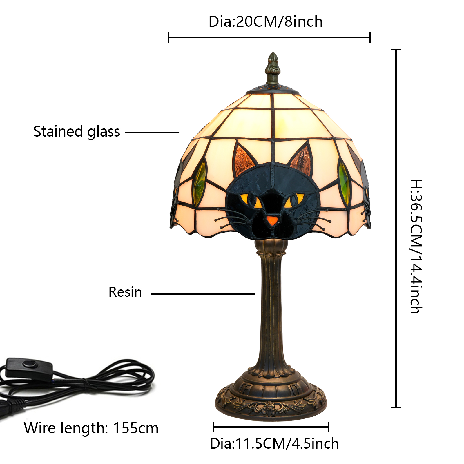 Tiffany Style Cute Black cat Desk Lamp Vintage Stained Glass Animal Base Table Lamp for Girl Room Bedroom Nightstand Decor