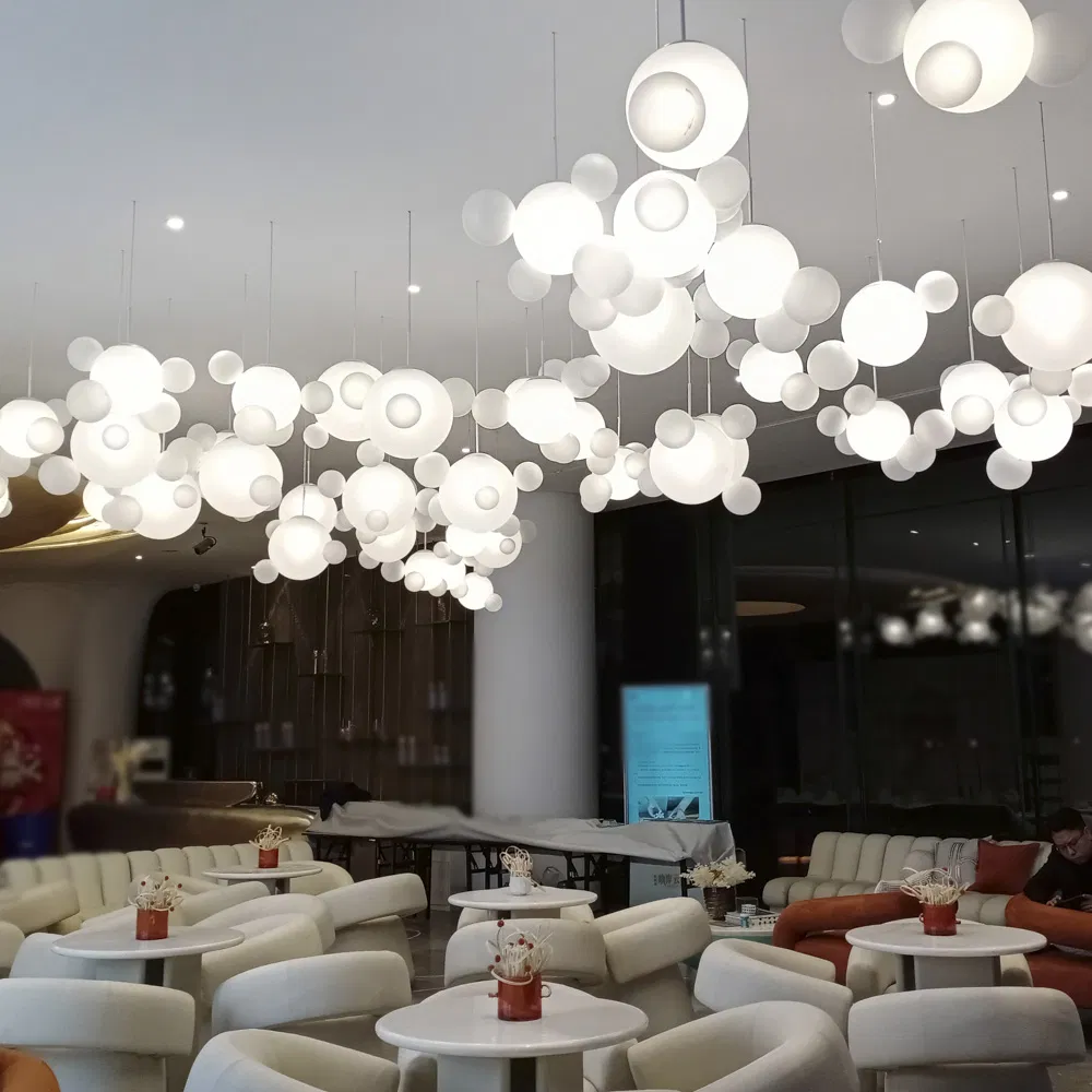 White Glass Spherical Pendant Light Hotel Lobby Decorative Lighting Fixture