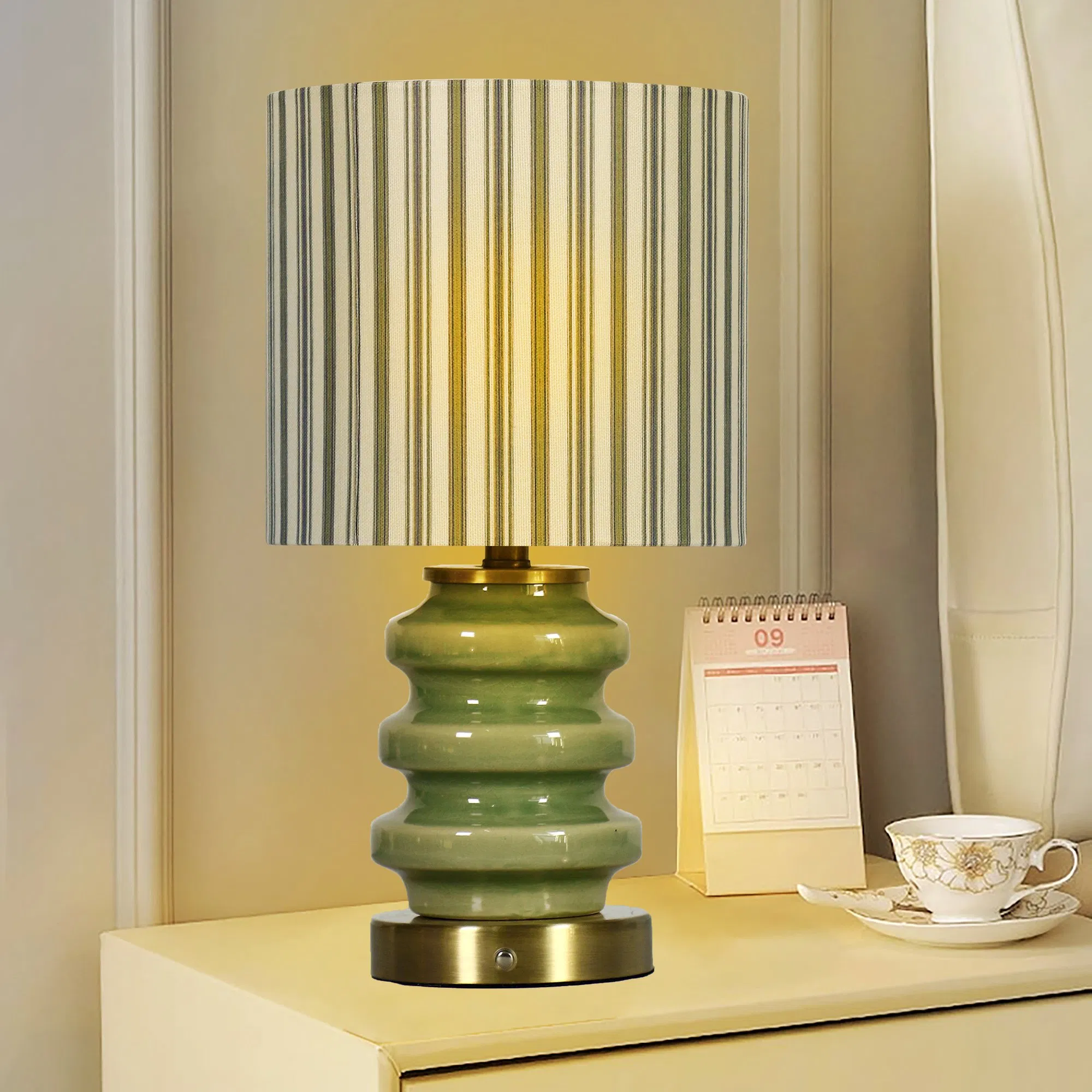 USB-Rechargeable Touch-Control 3-Color Dimmable Table Lamp, Green Ceramic Decorative Ambient Light, Fabric Night Light for Bedroom Bedside