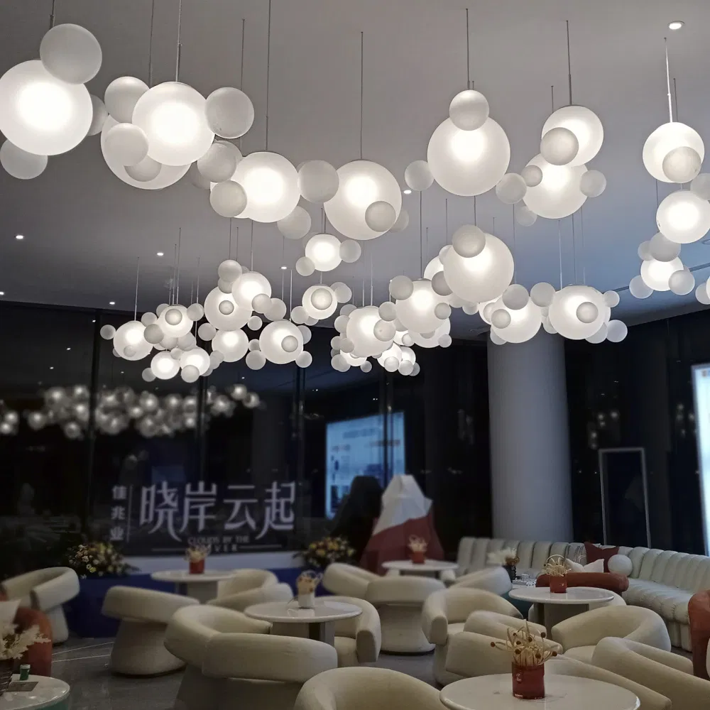White Glass Spherical Pendant Light Hotel Lobby Decorative Lighting Fixture