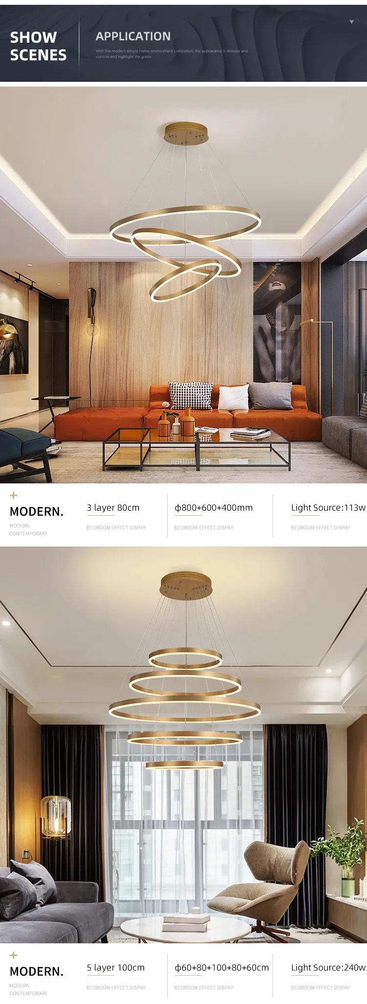 Modern Decorative Customized Hotel Restaurant Indoor Circle Rings LED Pendant Lighting