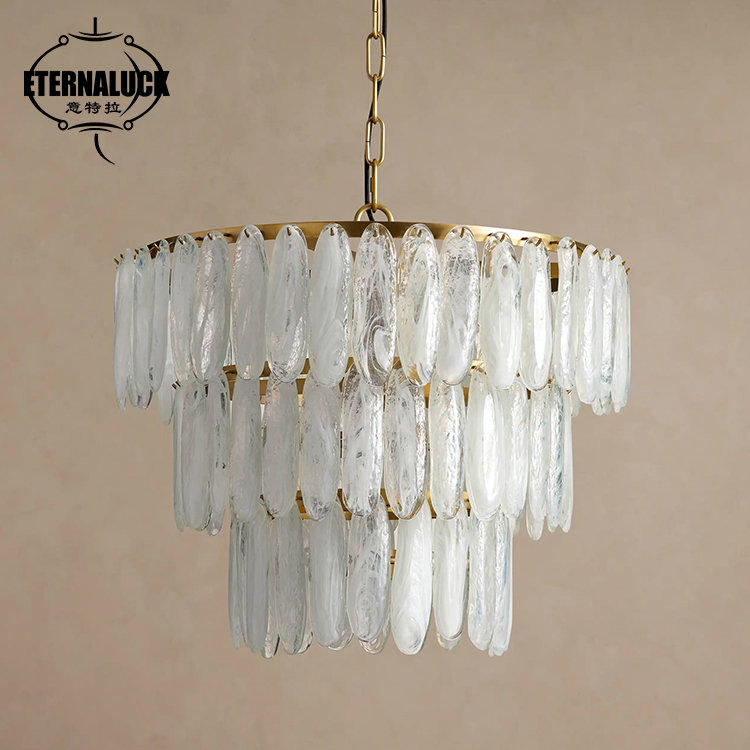 Modern Luxury Tiered Glass Pendant Light Gold Frame LED Chandelier For Bedroom Dining Room