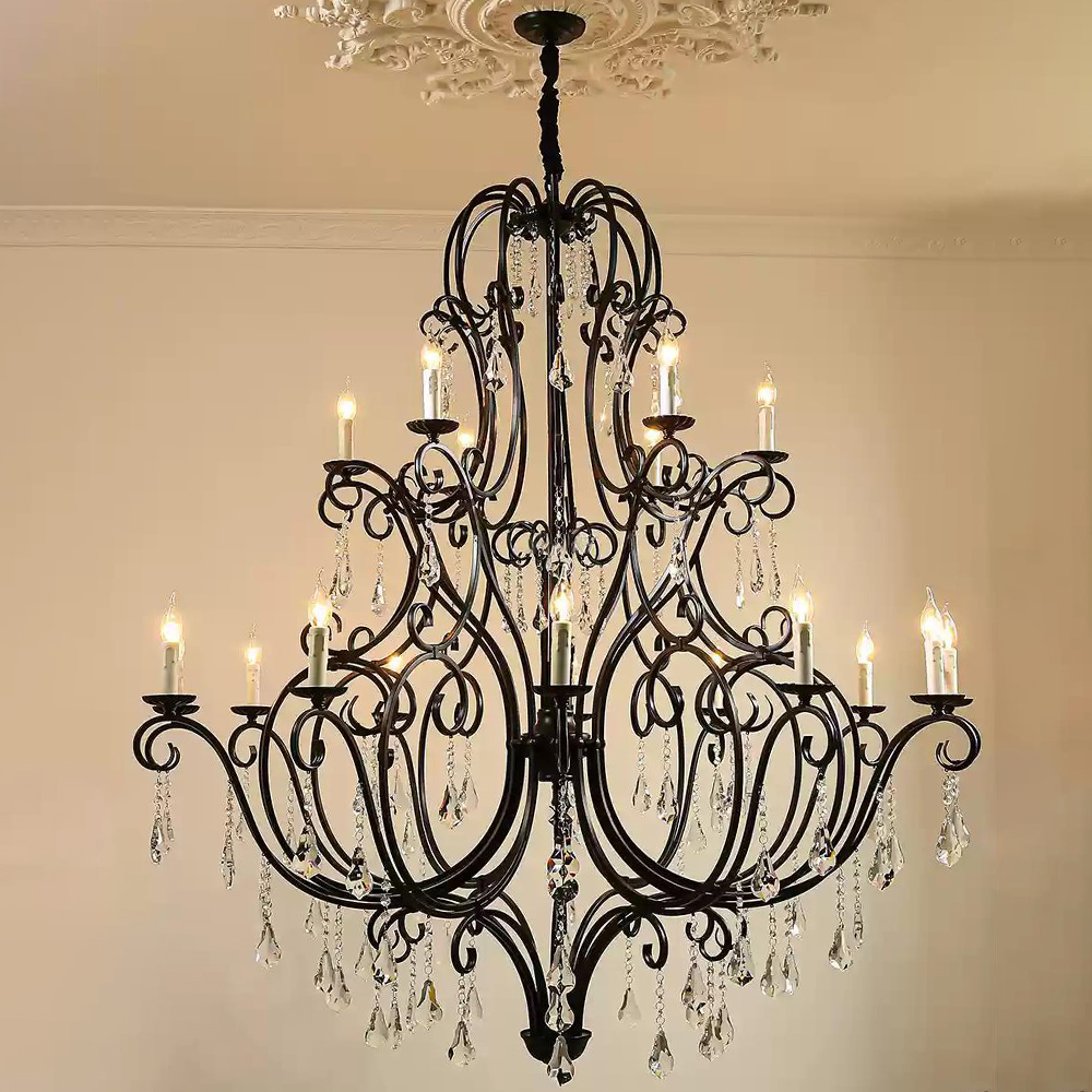 Customized Vintage Home Decor Pendant Light Large Retro Brass Black Metal Crystal Chandelier
