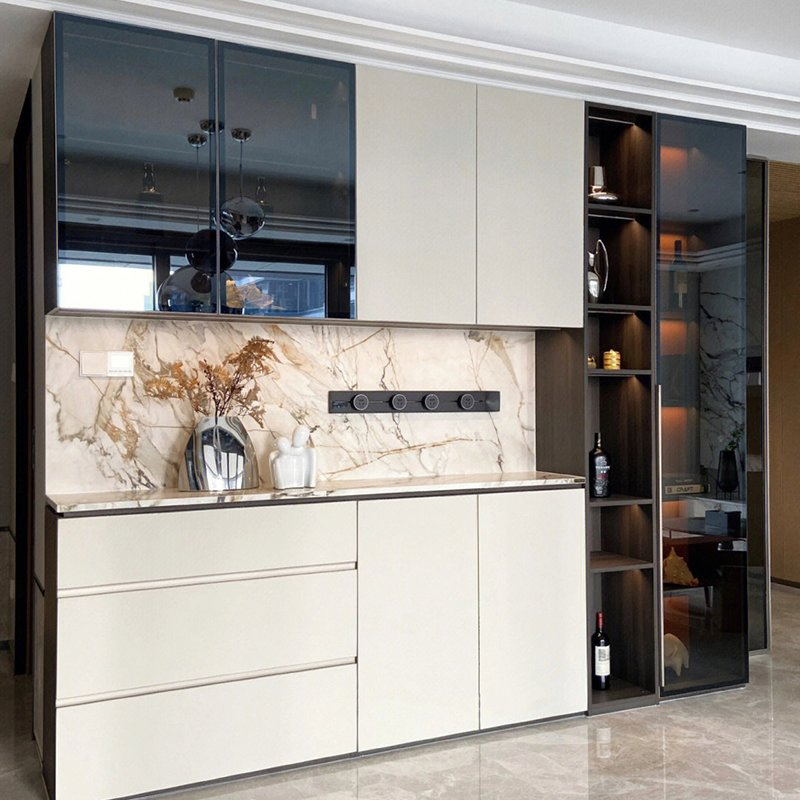 Contemporary Luxury Furniture Black /Colourful Curved Timber Wood /Glass Marble Kitchen Dining Sideboard Buffet Cabinet with Drawers