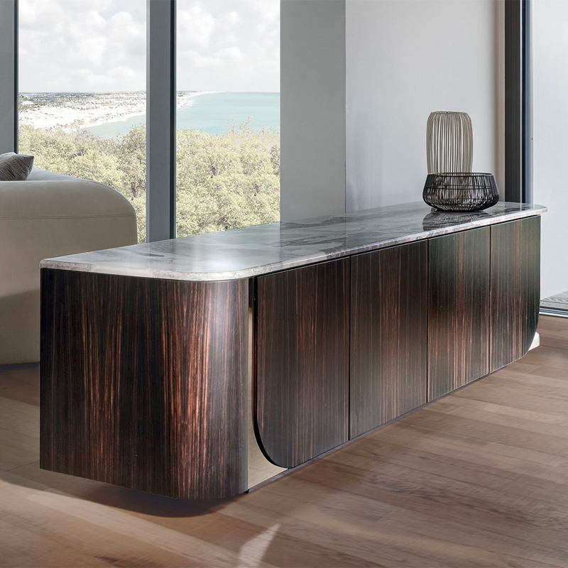 Luxury Curved Edge Sideboard Dark Wood Marble Top Dual-Tone Modern Living Spaces