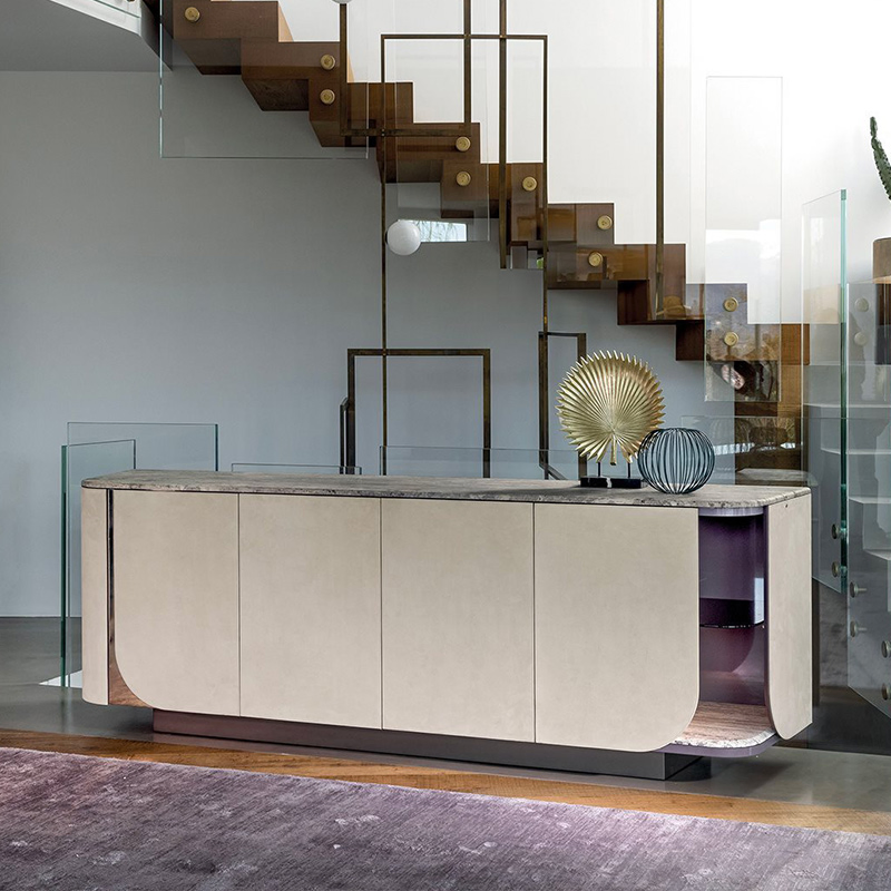 Luxury Curved Edge Sideboard Dark Wood Marble Top Dual-Tone Modern Living Spaces