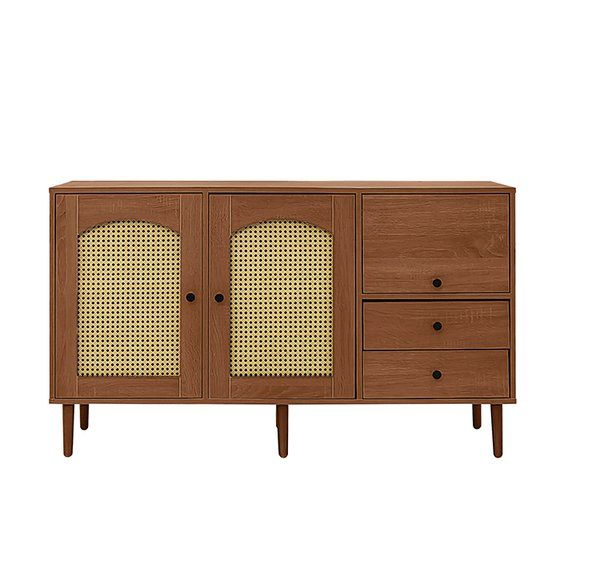 Classic Storage Solid Wood Sideboard with 2-Door Rattan Design &amp; Hidden Compartment Cabinet for Traditional Kitchen or Entryway