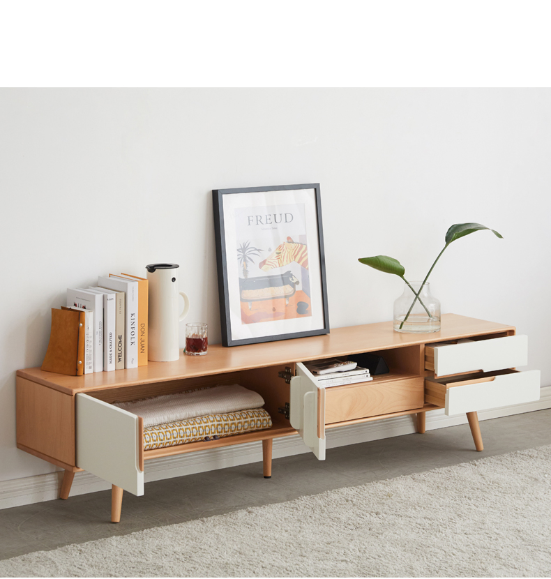 Wooden Frame Black Finish TV Stand with Storage Shelves and Drawers