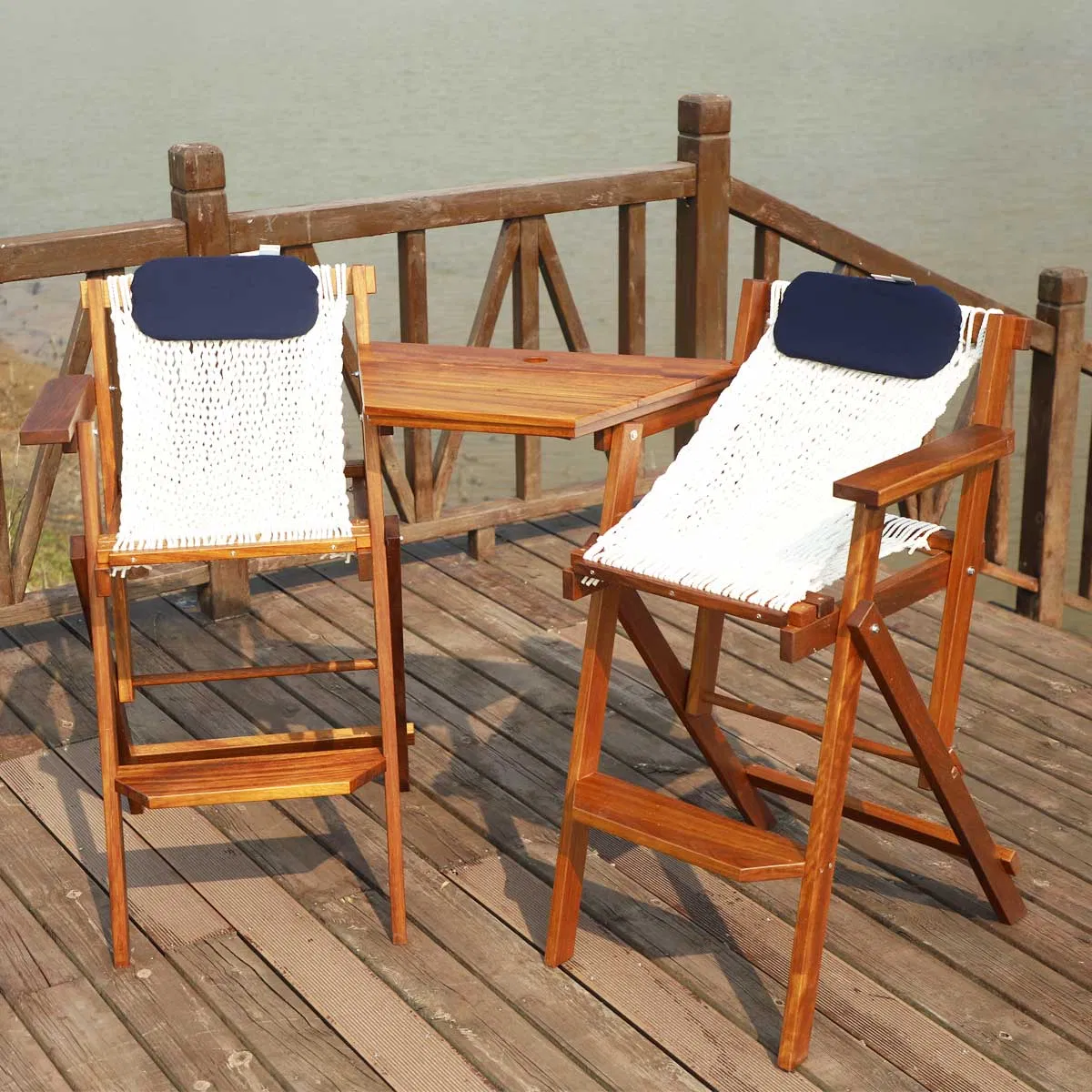 Combo Armrest Footrest Tete-a-Tete Table Garden Teak Rope Net Seat Folding Barstool