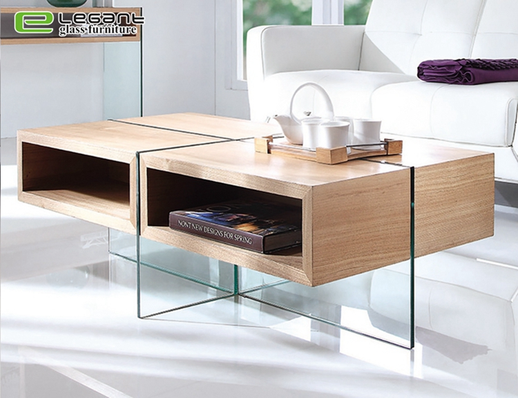 Clear Glass Side Table with Ash Wood Veneer