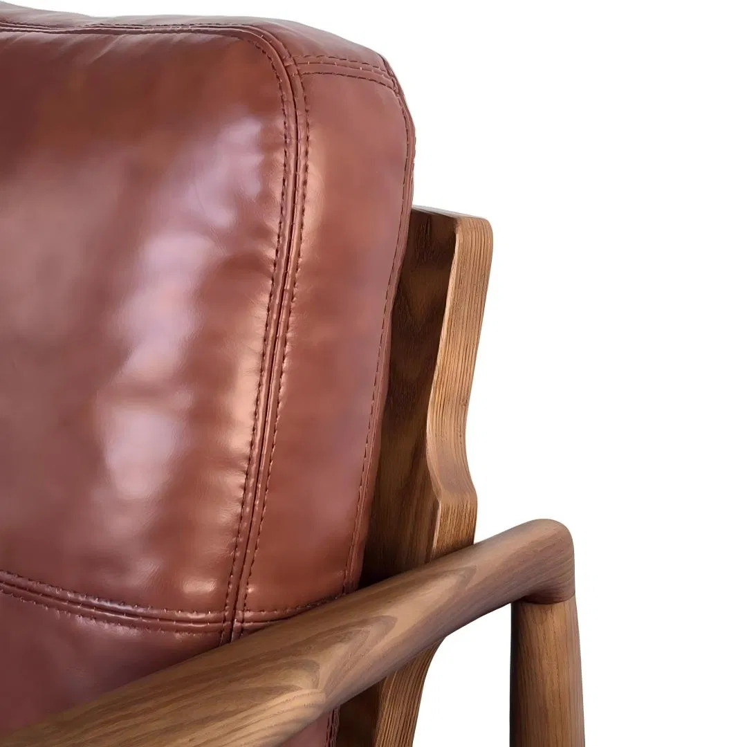 Hank Chair MID-Century Modern Top Grain Leather Armchair Solid Wood Frame Accent Chair for Living Room