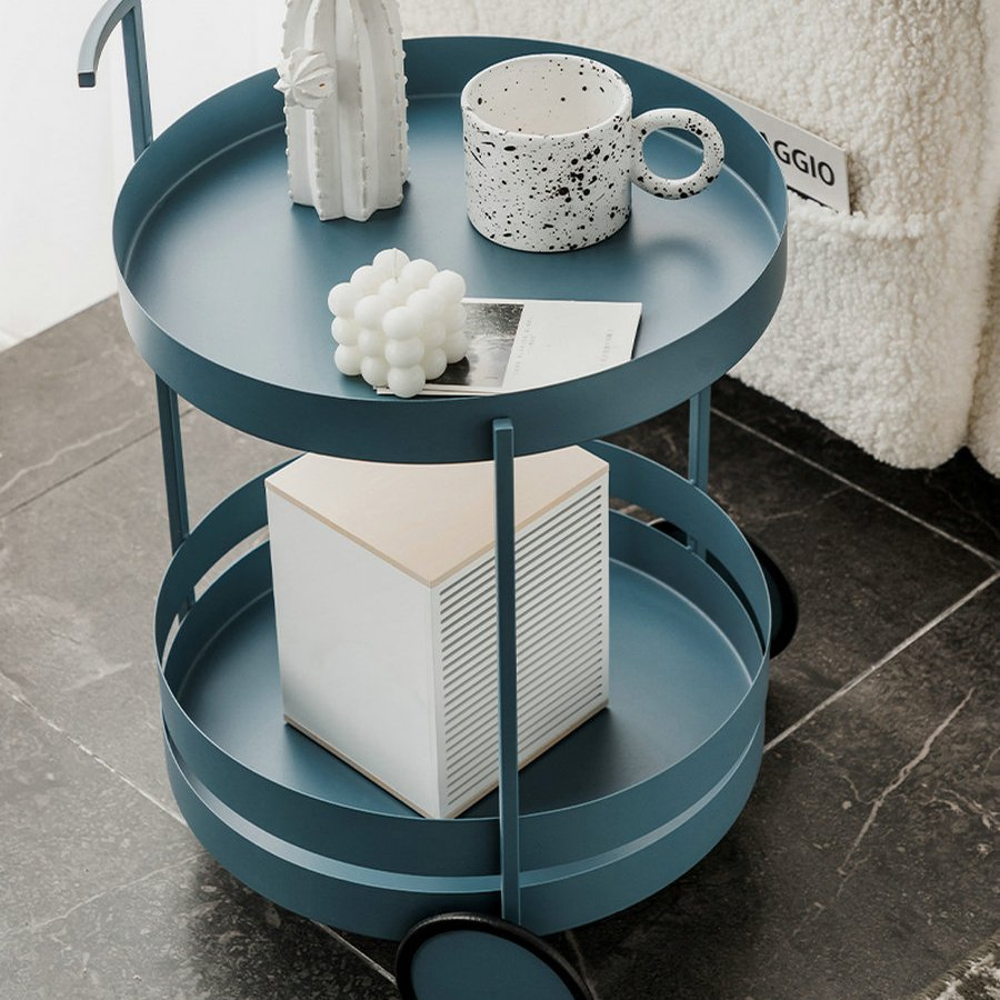 Assembled Round Iron Trolley Side Table with 2 Wheels