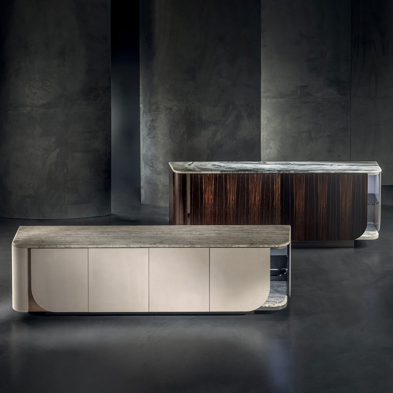 Luxury Curved Edge Sideboard Dark Wood Marble Top Dual-Tone Modern Living Spaces