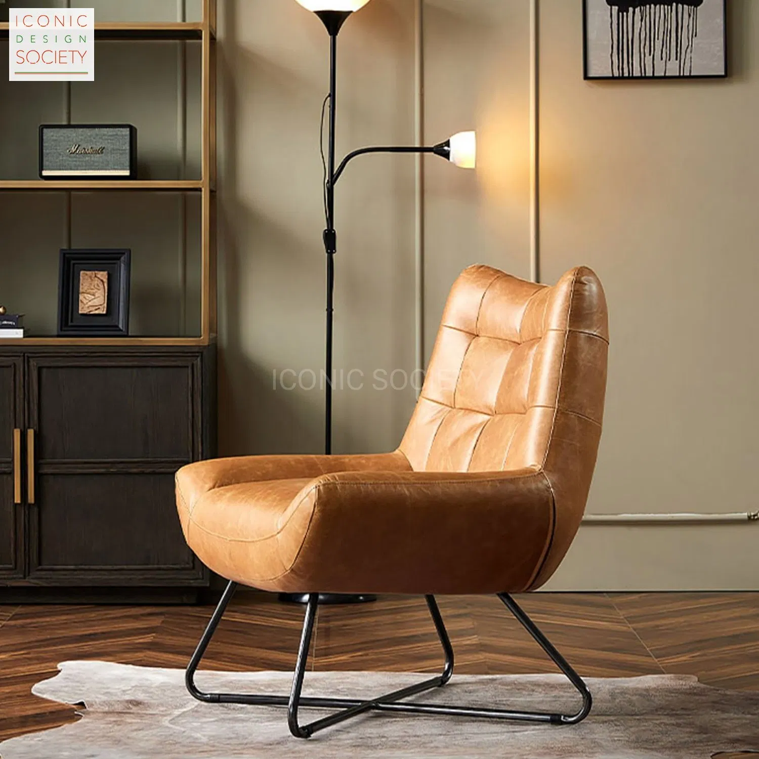 Modern Hotel Furniture Metal Handmade Lounge Leisure Genuine Leather Patio Accent Chair