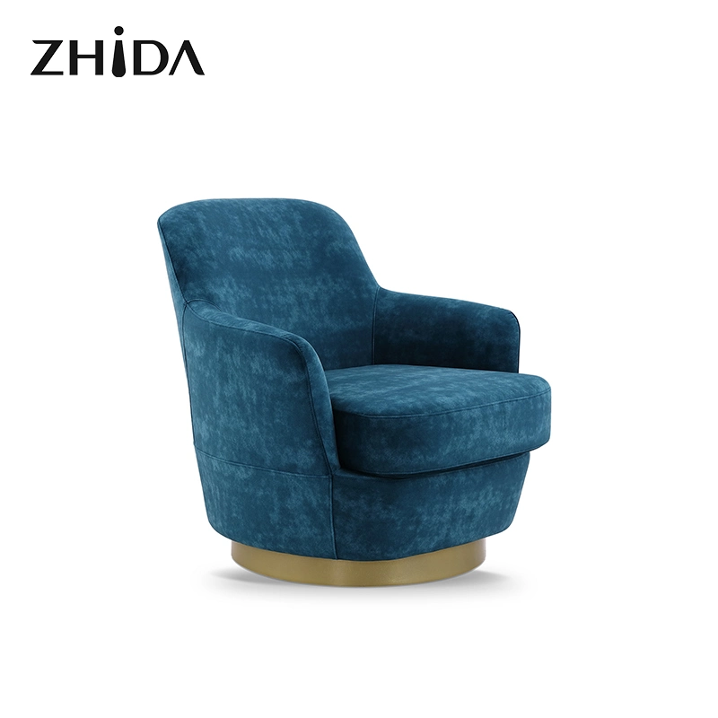 Zhida Italian Design Luxury Style Home Furniture Wholesale Living Room Velvet Accent Chair Bedroom Gold Base Fabric Armchair Leisure Round Chair for Villa