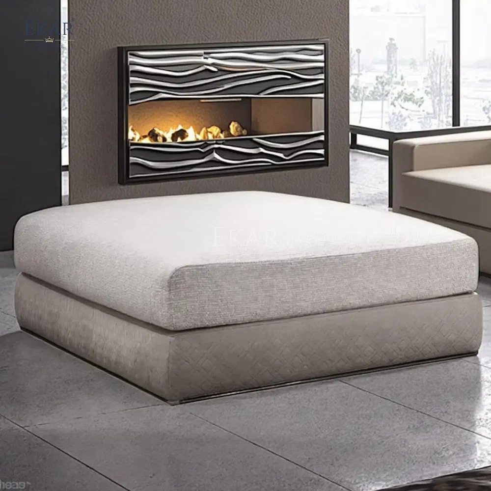 Modern Square Ottoman with Upholstered Top and Wooden Legs